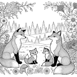 Fox family with baby foxes sitting in a meadow surrounded by flowers and trees coloring page