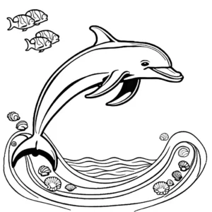 Line drawing of a happy dolphin swimming in the ocean with waves and seashells around coloring page