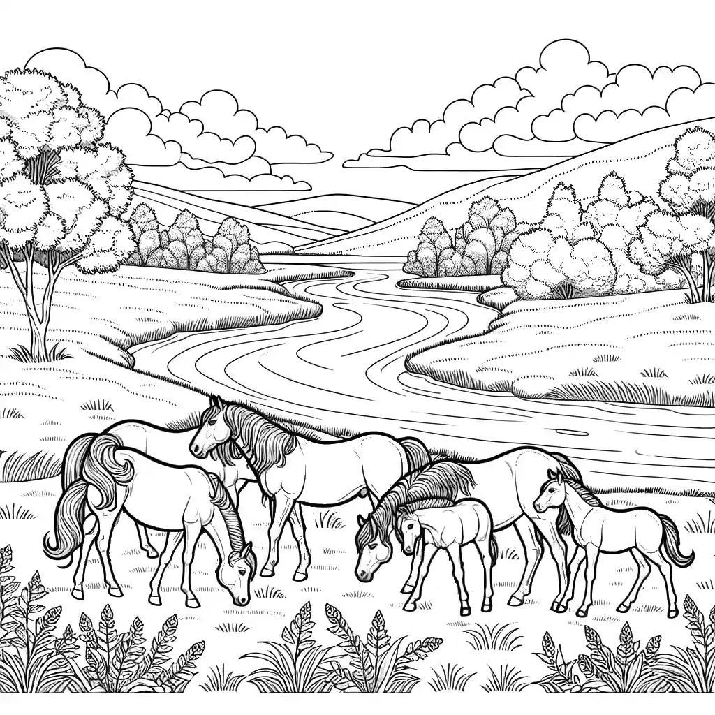 Horse family grazing in serene meadow coloring page