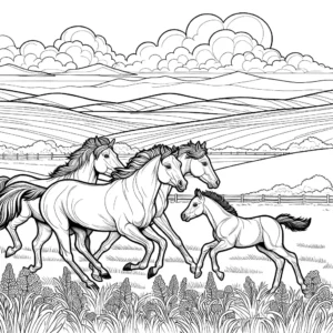 Horse family in open field under clear blue sky coloring page