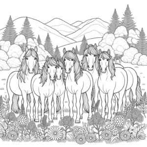 Group of horses in scenic meadow with trees and flowers coloring page