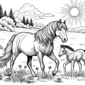 Mare and foal wandering in sunny meadow coloring page