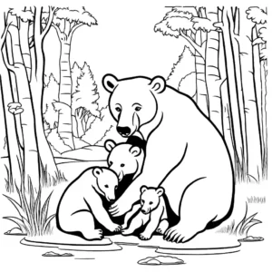 Mother white bear playing with her cubs in the wild coloring page