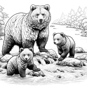 Female brown bear with two cubs near a river coloring page
