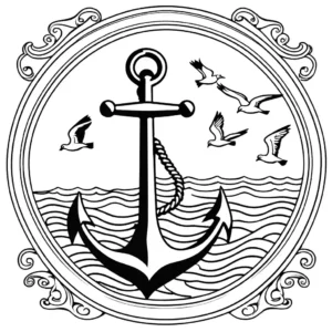 Anchor coloring page surrounded by waves and seagulls coloring page