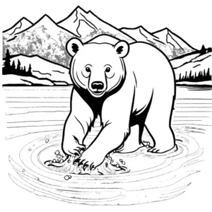 Playful bear splashing in a crystal clear blue lake with mountains in the background coloring page