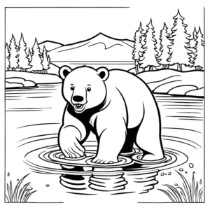 Playful white bear splashing in water at the edge of lake coloring page