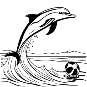 Dolphin playing with a beach ball on the shore coloring page