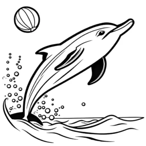 Outline of a playful dolphin playing with a ball in the ocean with smiles and splashes coloring page