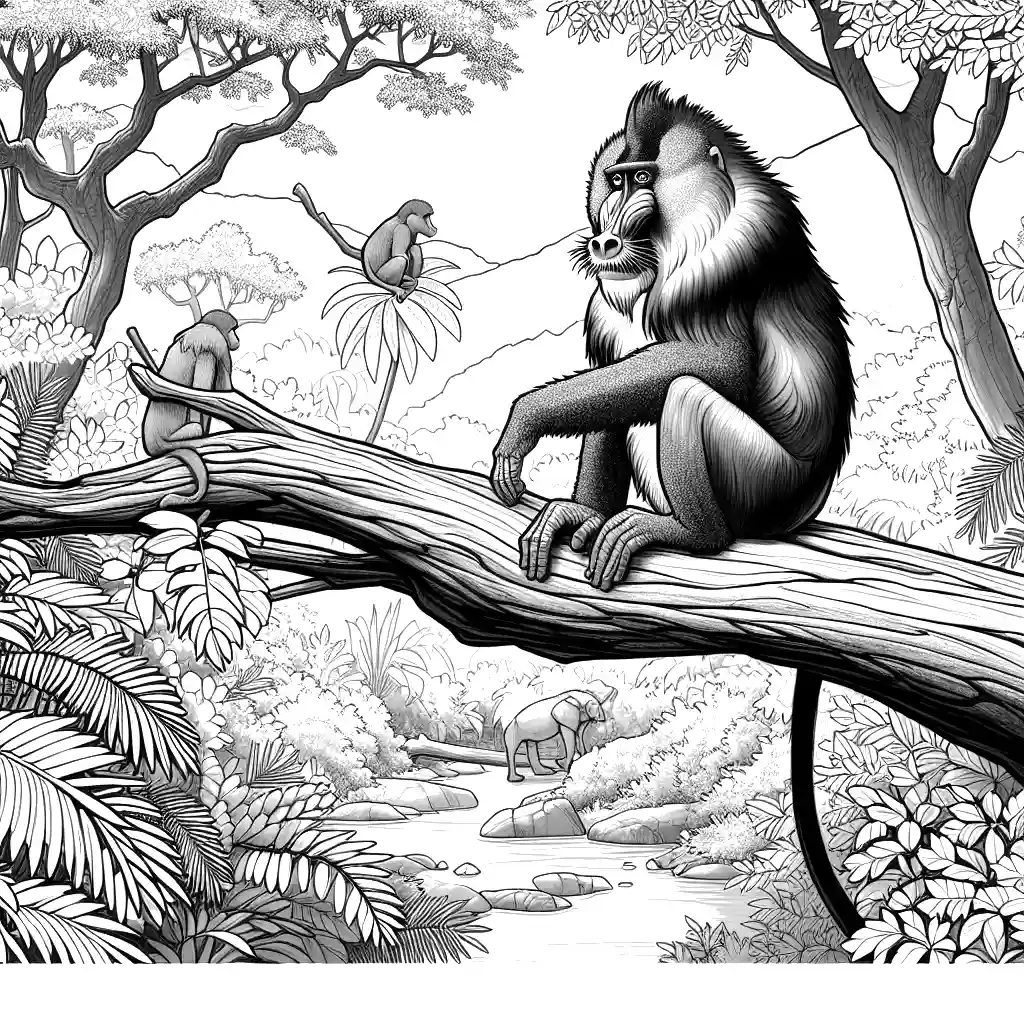 Mandrill sitting on a tree branch in the jungle coloring page