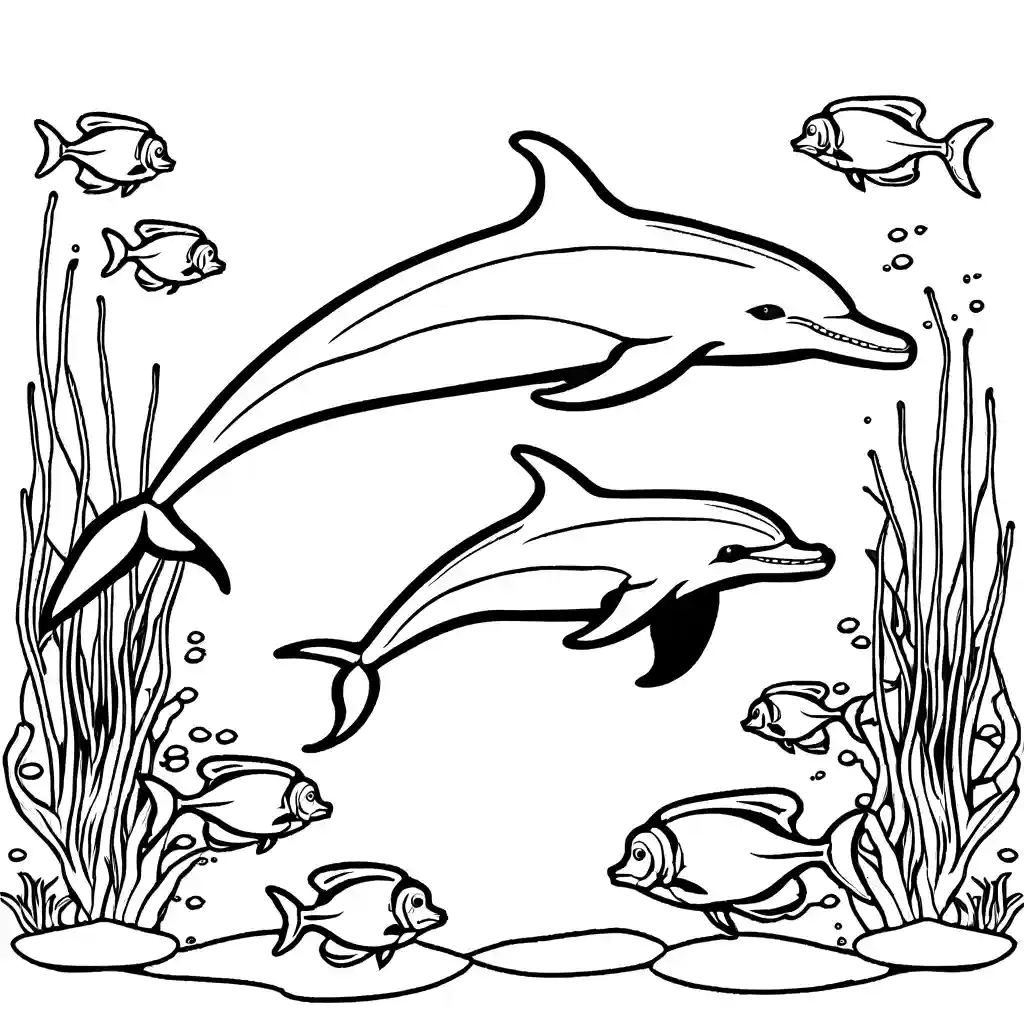 Peaceful dolphin resting on a coral reef with colorful fish around coloring page