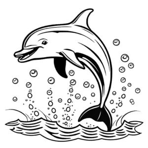 Cute dolphin jumping out of the water with a smile on its face and water droplets around coloring page