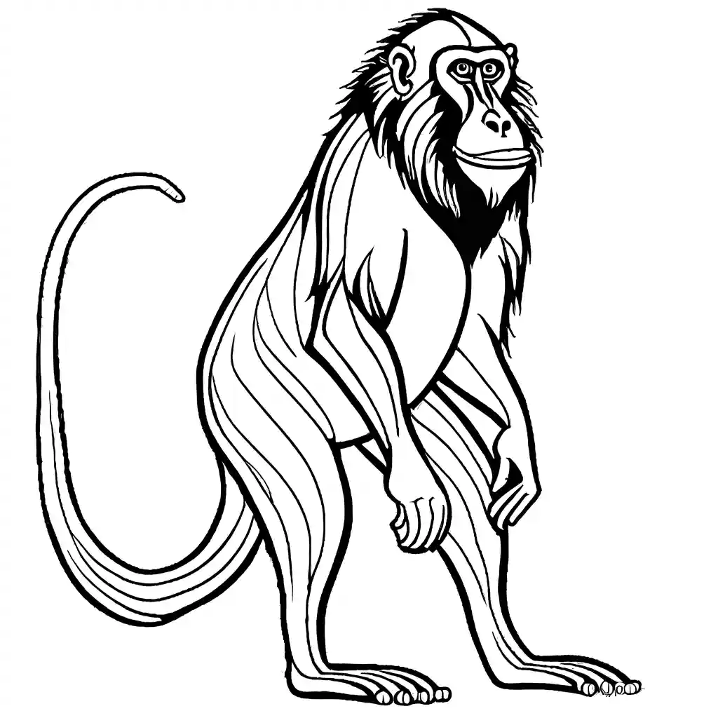 Mandrill standing on four legs with distinct fur patterns and long snout coloring page
