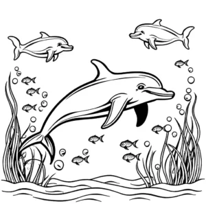 Happy dolphin swimming with a school of fish coloring page