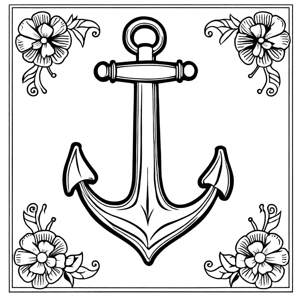 Nautical anchor with floral embellishments coloring page