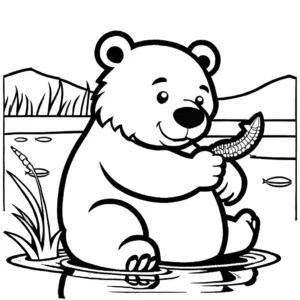 Fluffy white bear catching worm coloring page