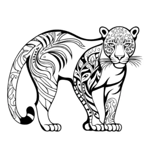 Elegant jaguar silhouette with abstract jungle patterns coloring page