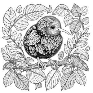 Kiwi bird standing on a branch in a forest coloring page