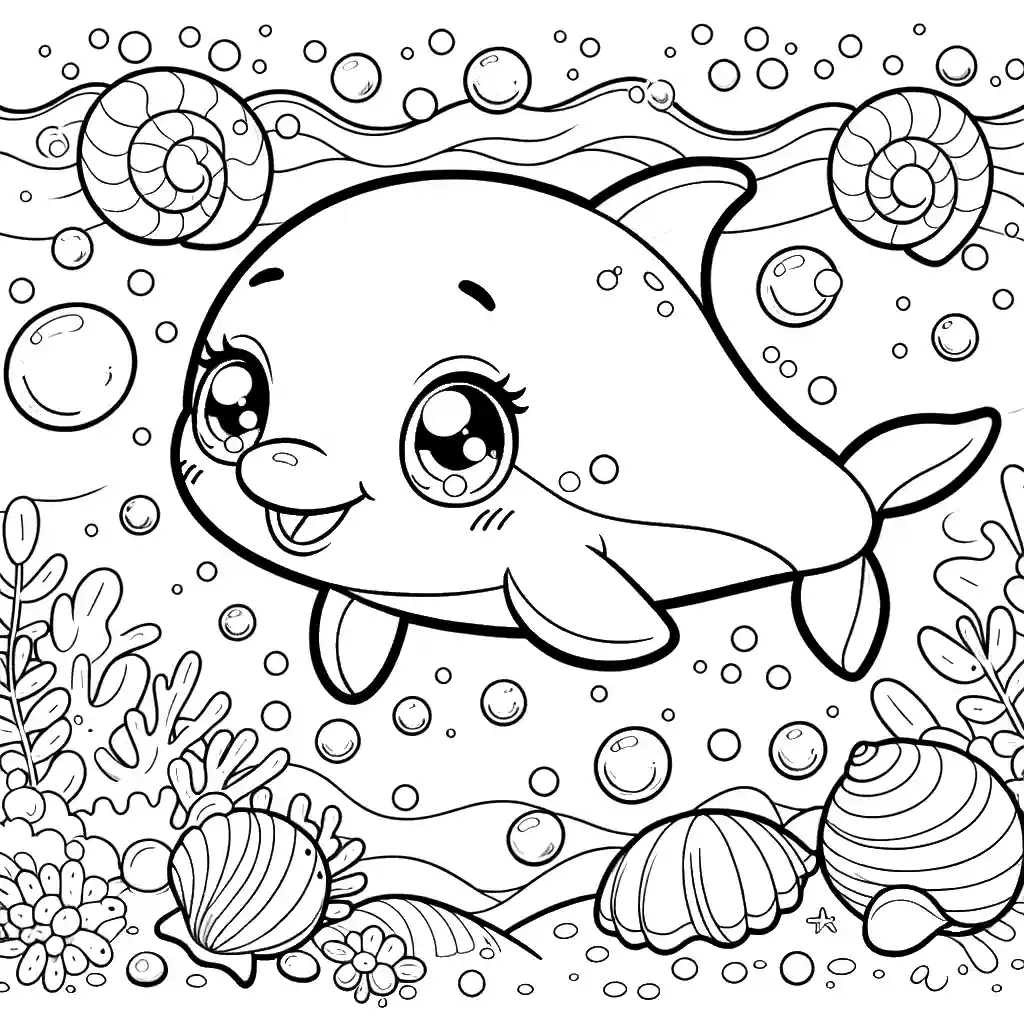 Happy dolphin swimming with bubbles and seashells in the ocean coloring page