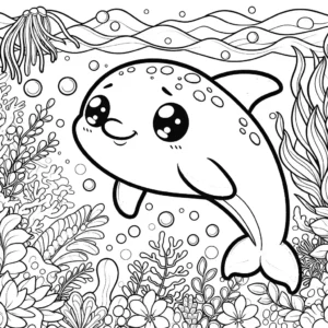 Dolphin swimming in the ocean surrounded by seaweed and aquatic life coloring page