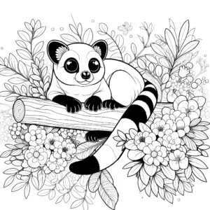 Genet coloring page with cute animal sitting on tree branch surrounded by leaves and flowers coloring page