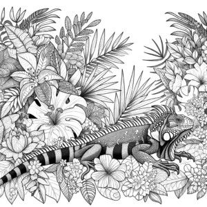 Iguana surrounded by tropical plants and flowers coloring page