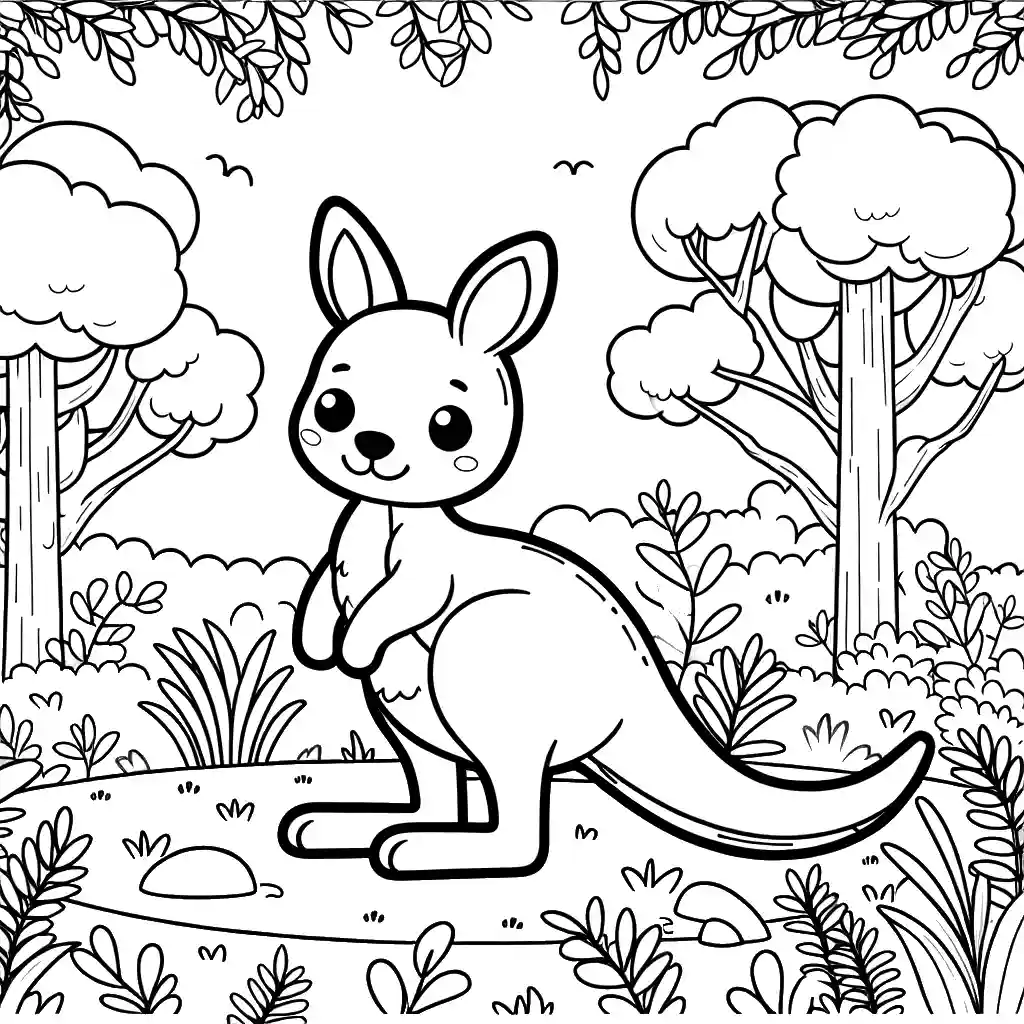 Kangaroo coloring page in natural habitat surrounded by trees and grass coloring page