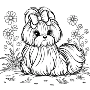 Maltese dog with bow sitting in grassy field coloring page