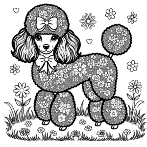Cute poodle wearing bow on head standing on grass with flowers coloring page