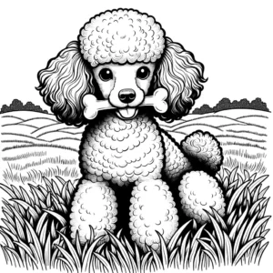 Poodle with bone sitting on grassy field coloring page