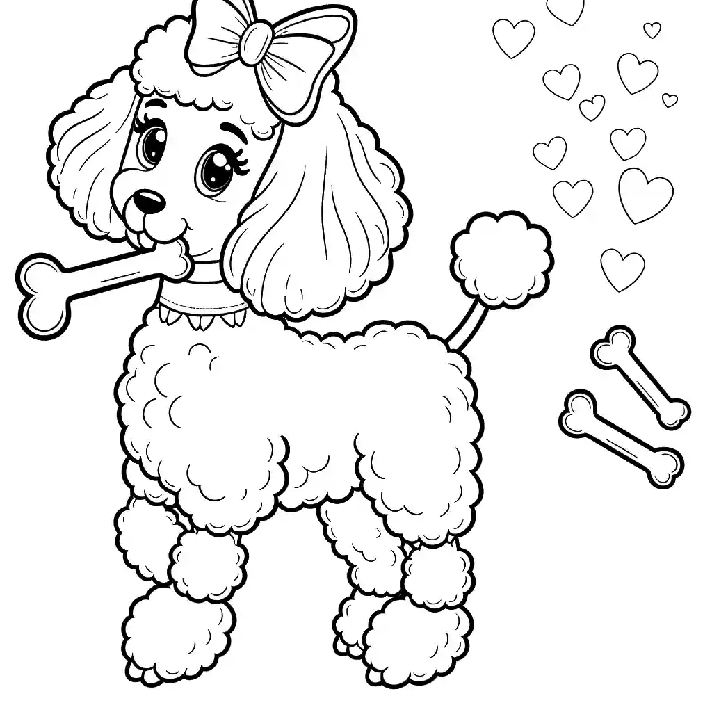 Poodle standing with bone and bow coloring page