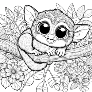 Tarsier sitting on a tree branch surrounded by leaves and flowers, with a happy expression on its face - Coloring Page