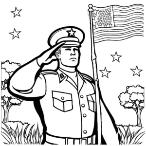American soldier paying tribute with hand salute on Memorial Day coloring page with stars and stripes backdrop coloring page