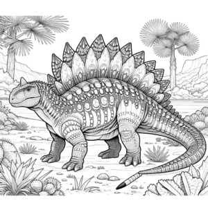 Ankylosaurus dinosaur coloring page in prehistoric forest with trees coloring page