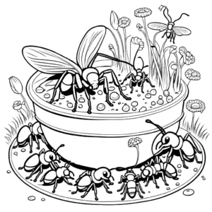 Detailed illustration of ant colony with queen, workers, and larvae coloring page