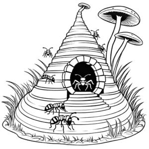 Detailed illustration of an ant hill with a series of tunnels and chambers coloring page