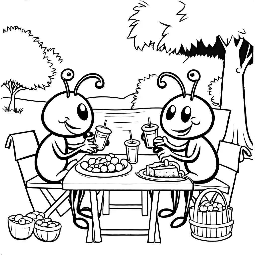 Cartoon ants having a picnic with food and drinks coloring page