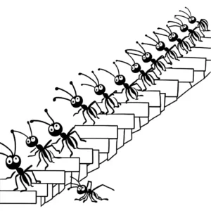 Simple outline of busy ant trail with ants marching in a line coloring page