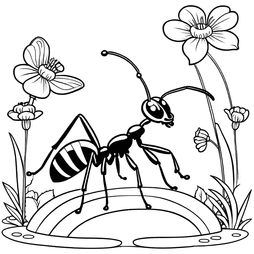 Ant coloring page with leaves and flowers in garden coloring page