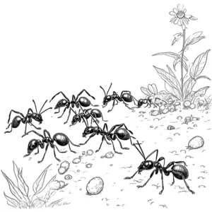 Group of ants carrying food towards their colony coloring page