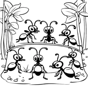 Group of ants carrying food back to their anthill coloring page