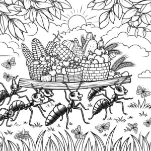 Group of ants carrying food on a sunny day coloring page