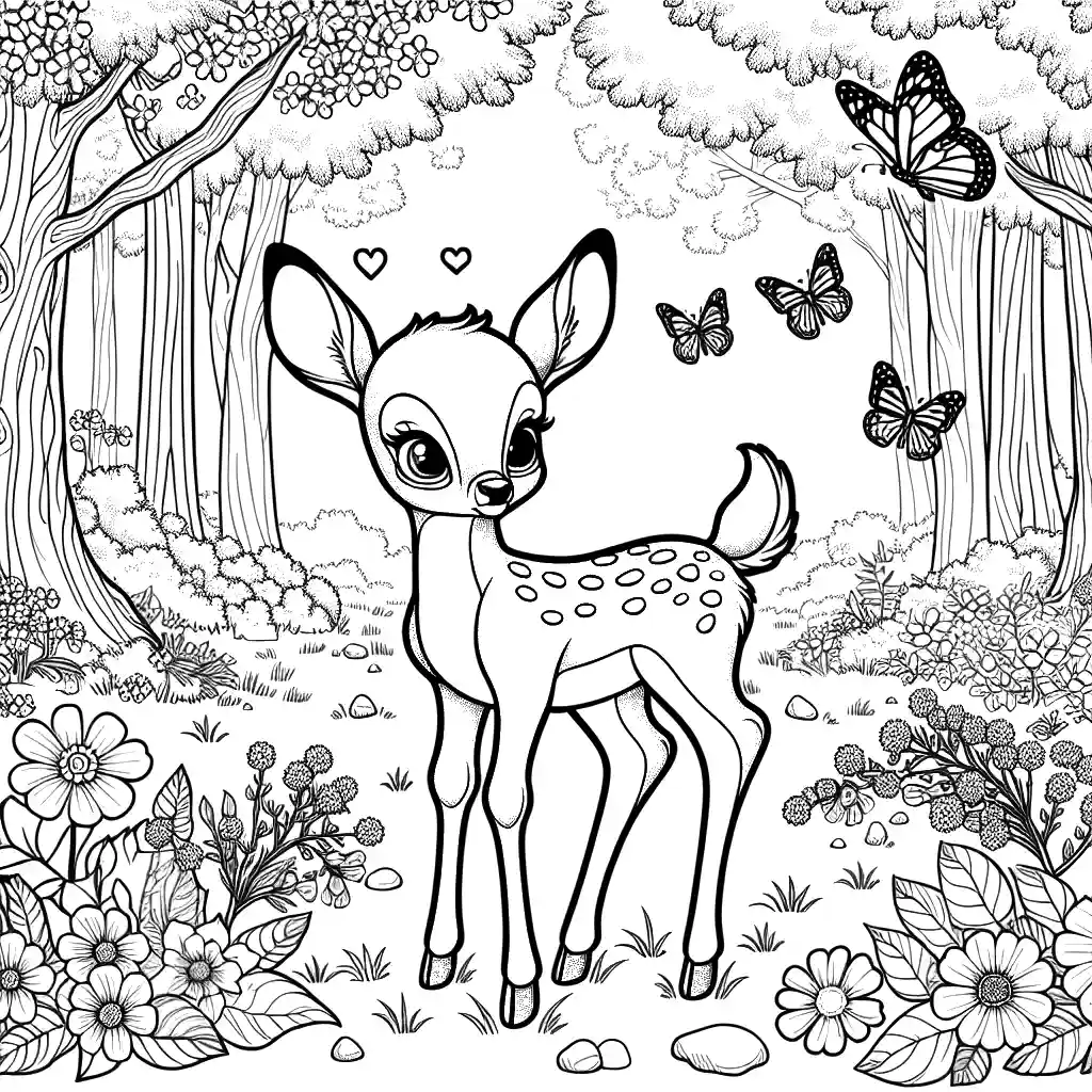Bambi deer standing in a forest with flowers and butterflies coloring page