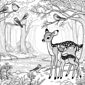 Young Bambi deer with its mother in a peaceful woodland scene coloring page