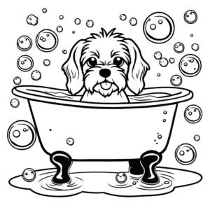 Maltese dog getting bathed in a tub with bubbles coloring page