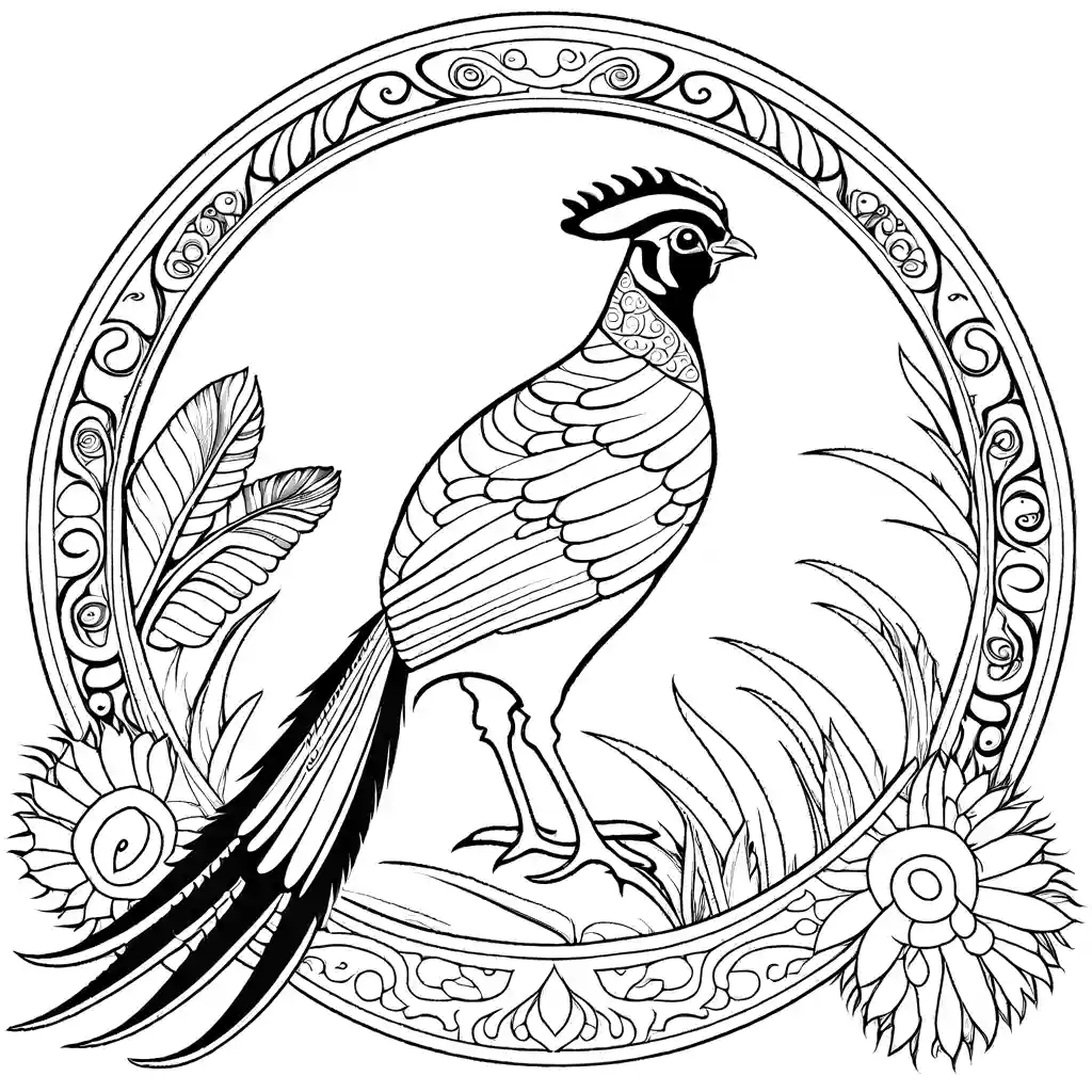 Coloring page of a beautiful Pheasant with intricate patterns and feathers in a natural setting coloring page