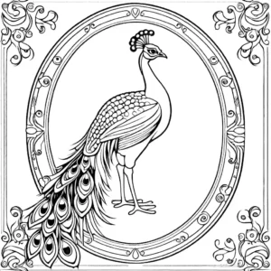 Peacock coloring page with regal stance and ornate feathers coloring page