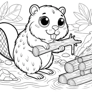 Cartoon illustration of a beaver holding a tree branch and constructing a dam in a river coloring page