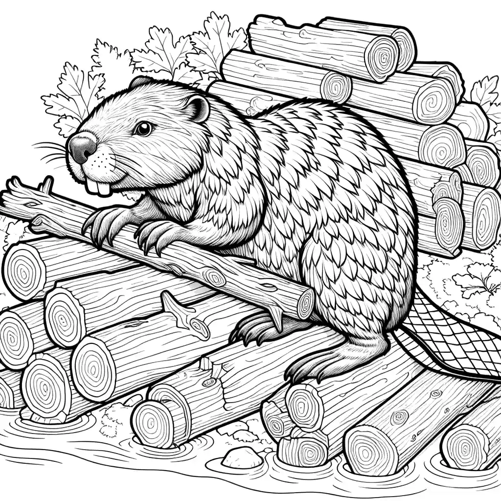 Beaver constructing a dam with logs. coloring page