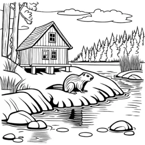 Beaver constructing a dam and home by the river coloring page